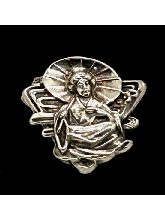 Estate Jewelry - Vintage Japanese Geisha Brooch Pin Repoussé Parasol Silver-Tone Art Deco Asian